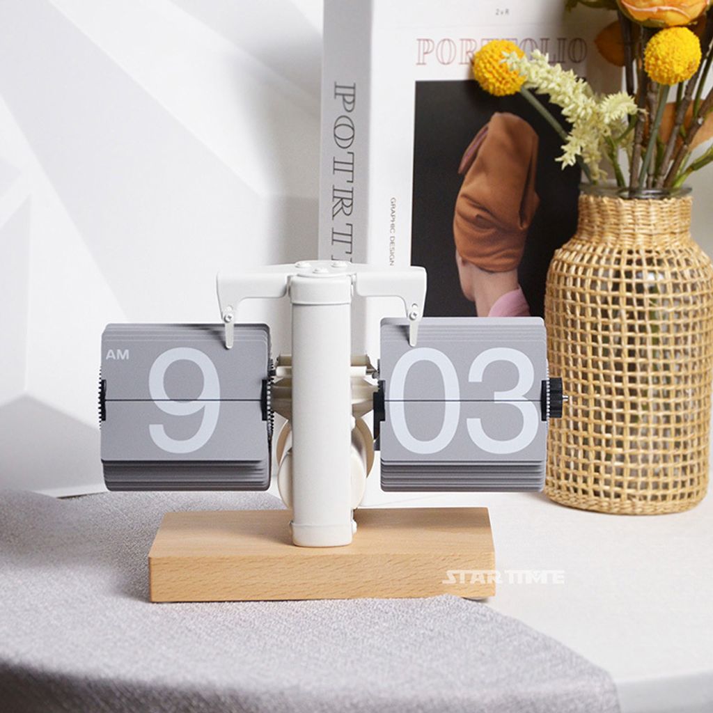 翻頁鐘 | PTC-BW12-WGRA | 白灰色 簡約櫸木底座翻頁鐘 正面