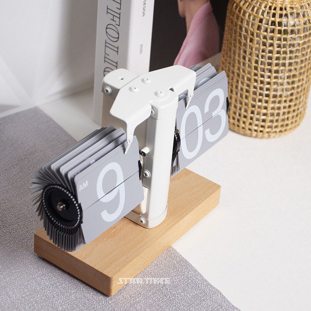 翻頁鐘 | PTC-BW12-WGRA | 白灰色 簡約櫸木底座翻頁鐘 俯視