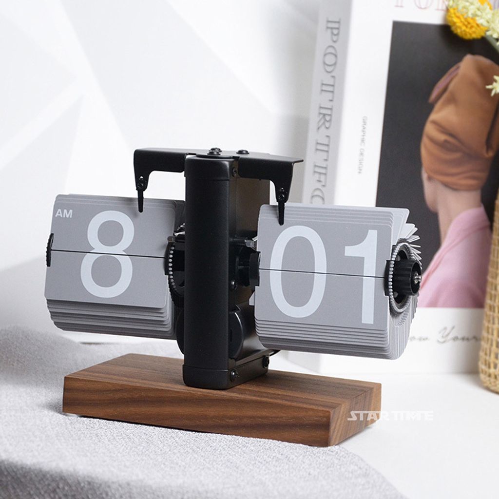 翻頁鐘 | PTC-WW12-BGRA | 黑灰色 簡約胡桃木底座翻頁鐘 右側