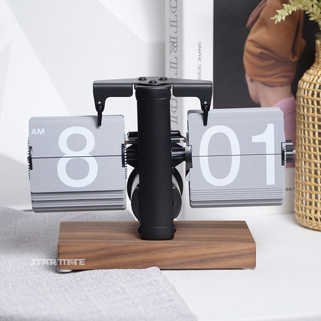 翻頁鐘 | PTC-WW12-BGRA | 黑灰色 簡約胡桃木底座翻頁鐘 正面