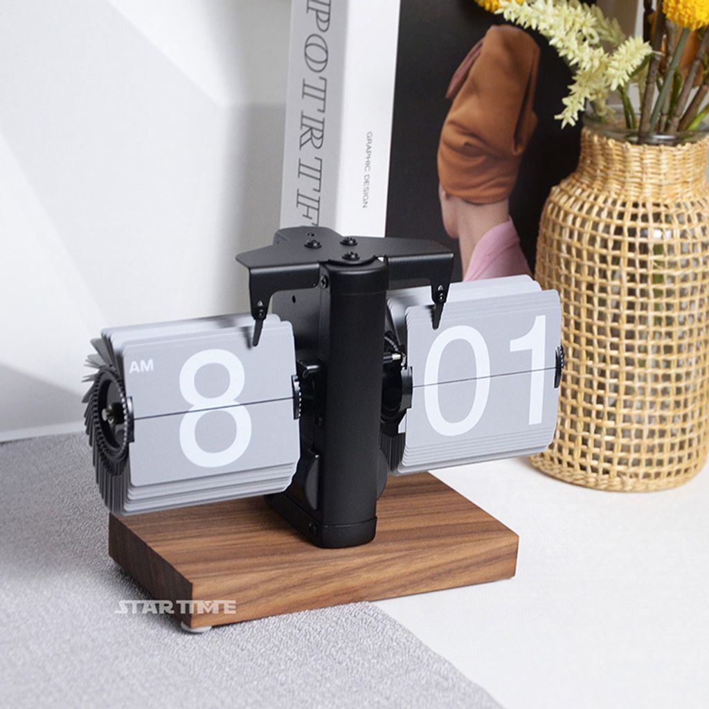 翻頁鐘 | PTC-WW12-BGRA | 黑灰色 簡約胡桃木底座翻頁鐘 左側