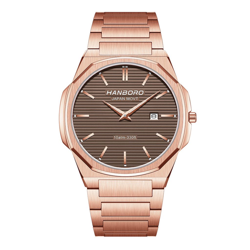 HANBORO | 超薄錶殼系列 003-2RBRRS | 玫瑰金八角形錶框 咖啡色橫紋錶盤 不鏽鋼錶帶 正面