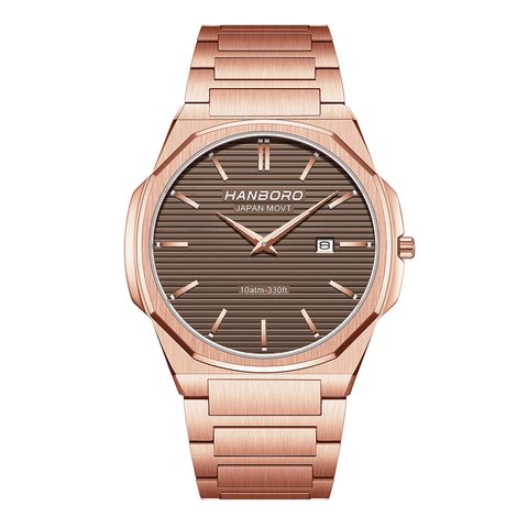 HANBORO | 超薄錶殼系列 003-2RBRRS | 玫瑰金八角形錶框 咖啡色橫紋錶盤 不鏽鋼錶帶 正面