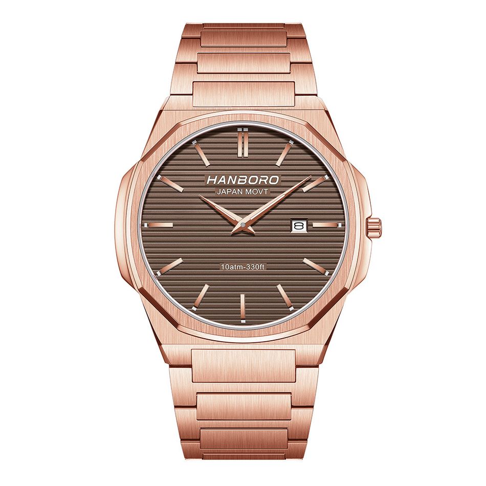 HANBORO | 超薄錶殼系列 003-2RBRRS | 玫瑰金八角形錶框 咖啡色橫紋錶盤 不鏽鋼錶帶 正面