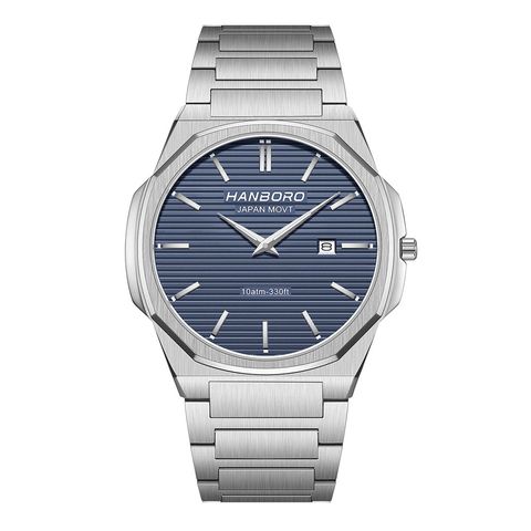 HANBORO | 超薄錶殼系列 003-2SNSS | 銀色八角形錶框 藍色橫紋錶盤 不鏽鋼錶帶 正面