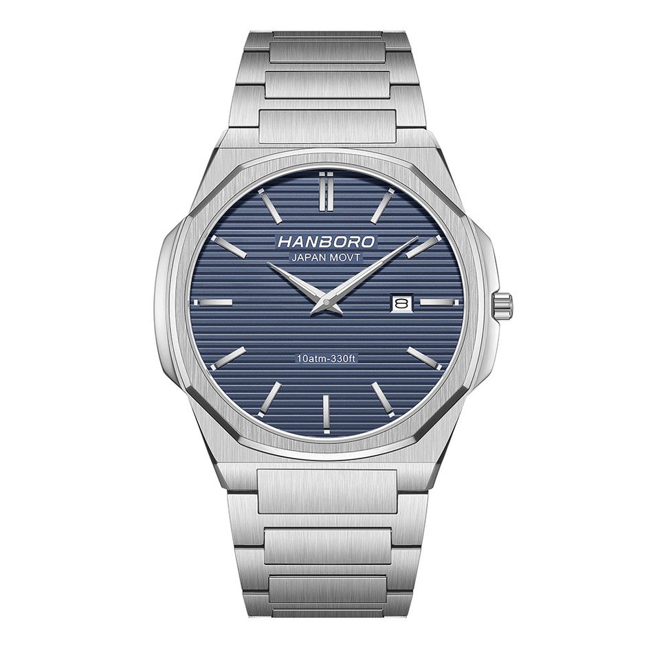 HANBORO | 超薄錶殼系列 003-2SNSS | 銀色八角形錶框 藍色橫紋錶盤 不鏽鋼錶帶 正面