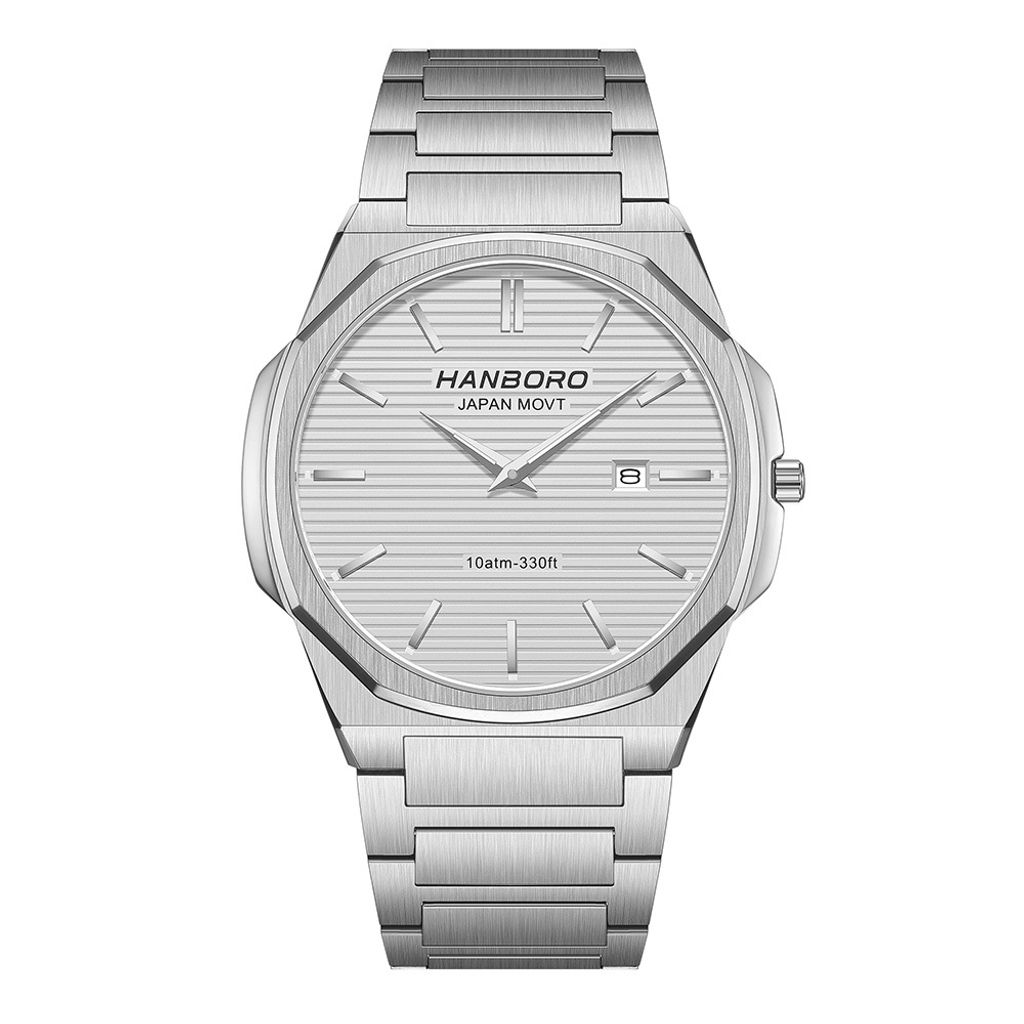 HANBORO | 超薄錶殼系列 003-2SWSS | 銀色八角形錶框 白色橫紋錶盤 不鏽鋼錶帶 正面