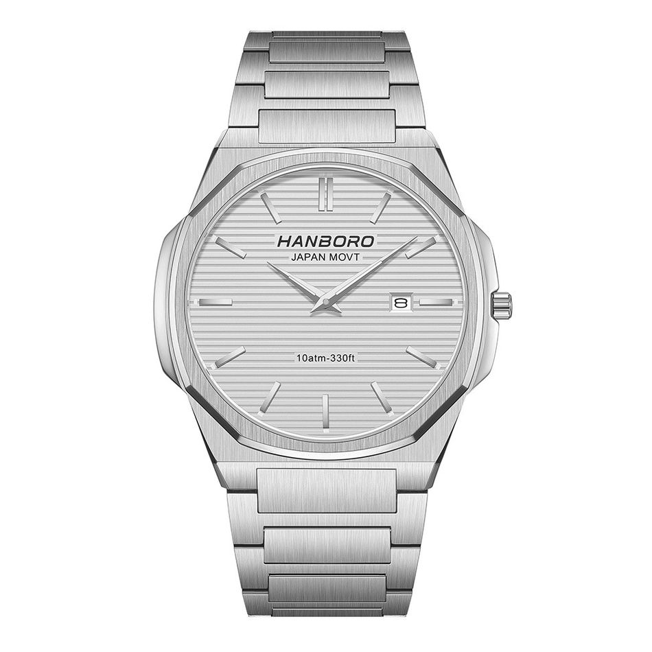 HANBORO | 超薄錶殼系列 003-2SWSS | 銀色八角形錶框 白色橫紋錶盤 不鏽鋼錶帶 正面