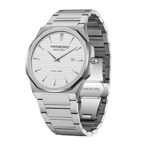 HANBORO | 超薄錶殼系列 003-2SWSS | 銀色八角形錶框 白色橫紋錶盤 不鏽鋼錶帶 側面