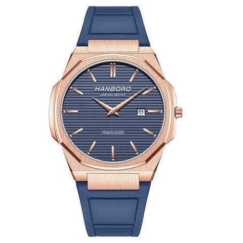 HANBORO | 超薄錶殼系列 003-1RNNR | 玫瑰金色八角形錶框 藍色橫紋錶盤 矽膠錶帶 正面