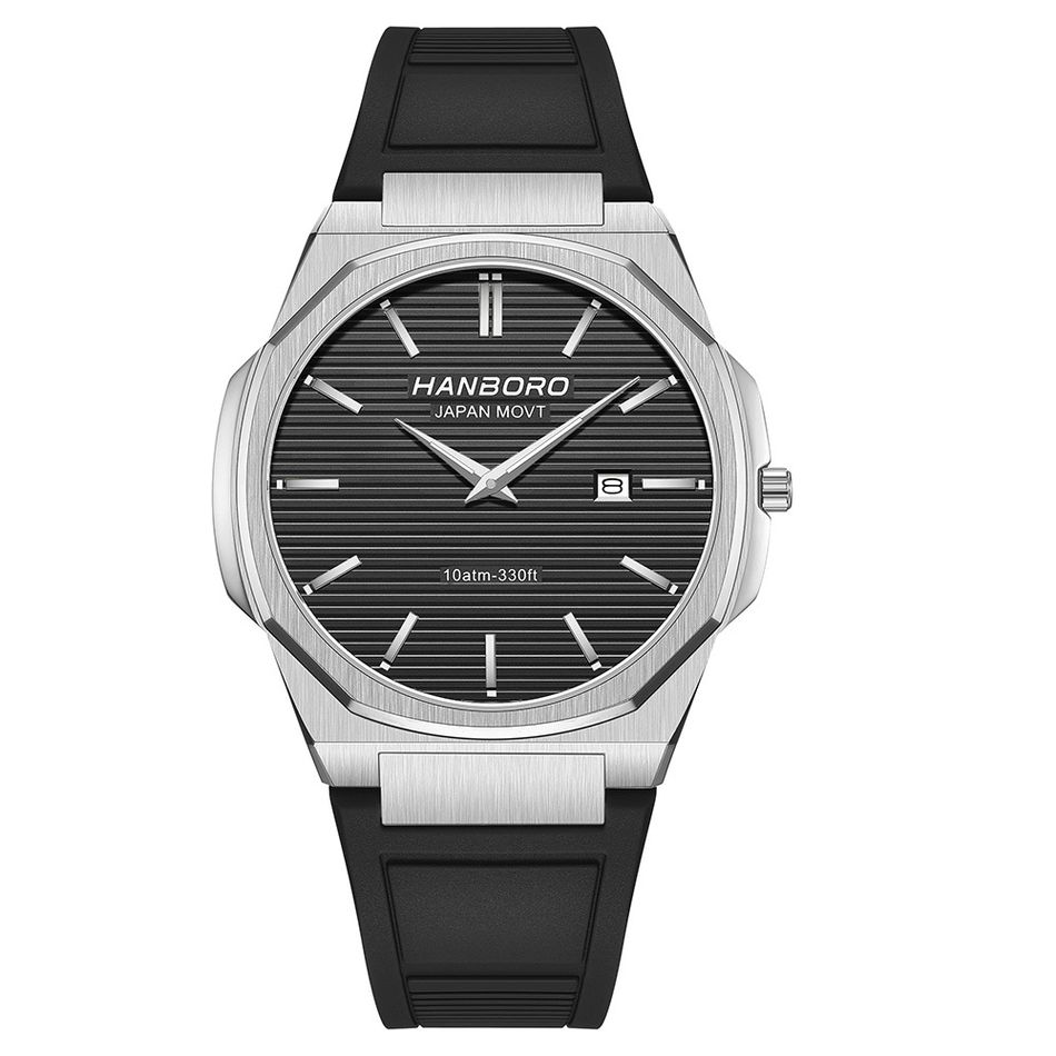 HANBORO | 超薄錶殼系列 003-1WBBR | 銀色八角形錶框 黑色橫紋錶盤 矽膠錶帶 正面