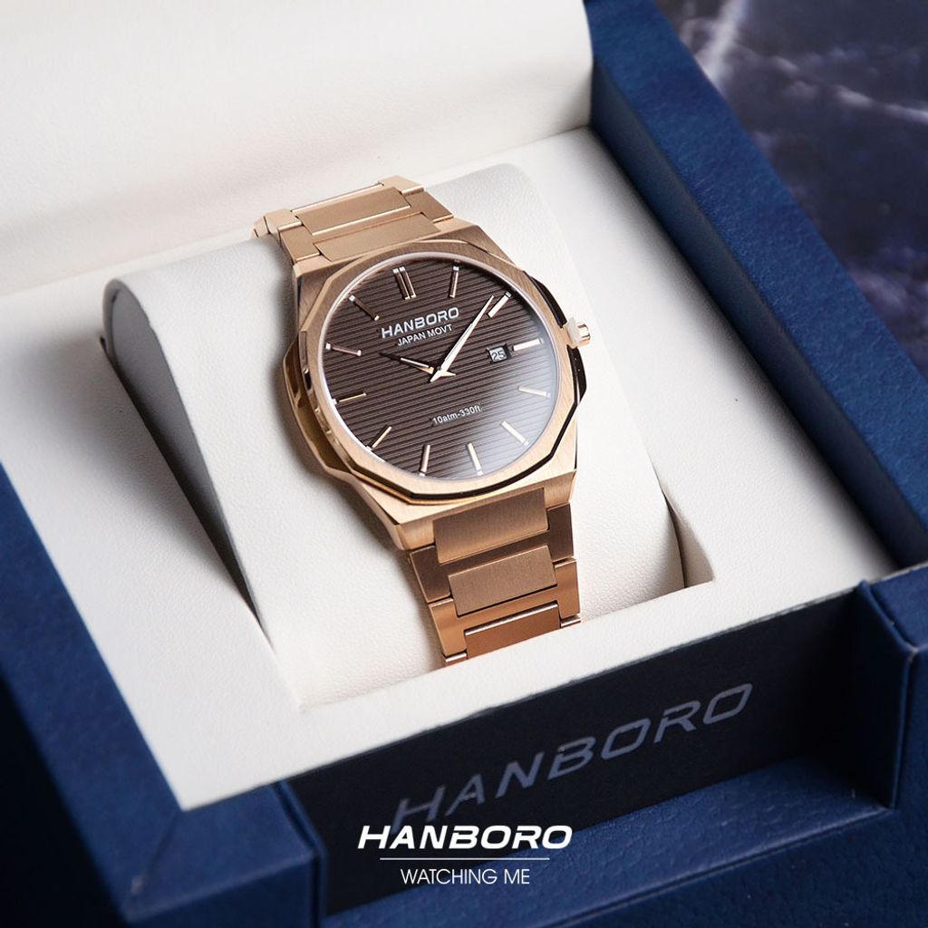 HANBORO | 超薄錶殼系列 003-2RBRRS | 玫瑰金八角形錶框 咖啡色橫紋錶盤 不鏽鋼錶帶 實體展示