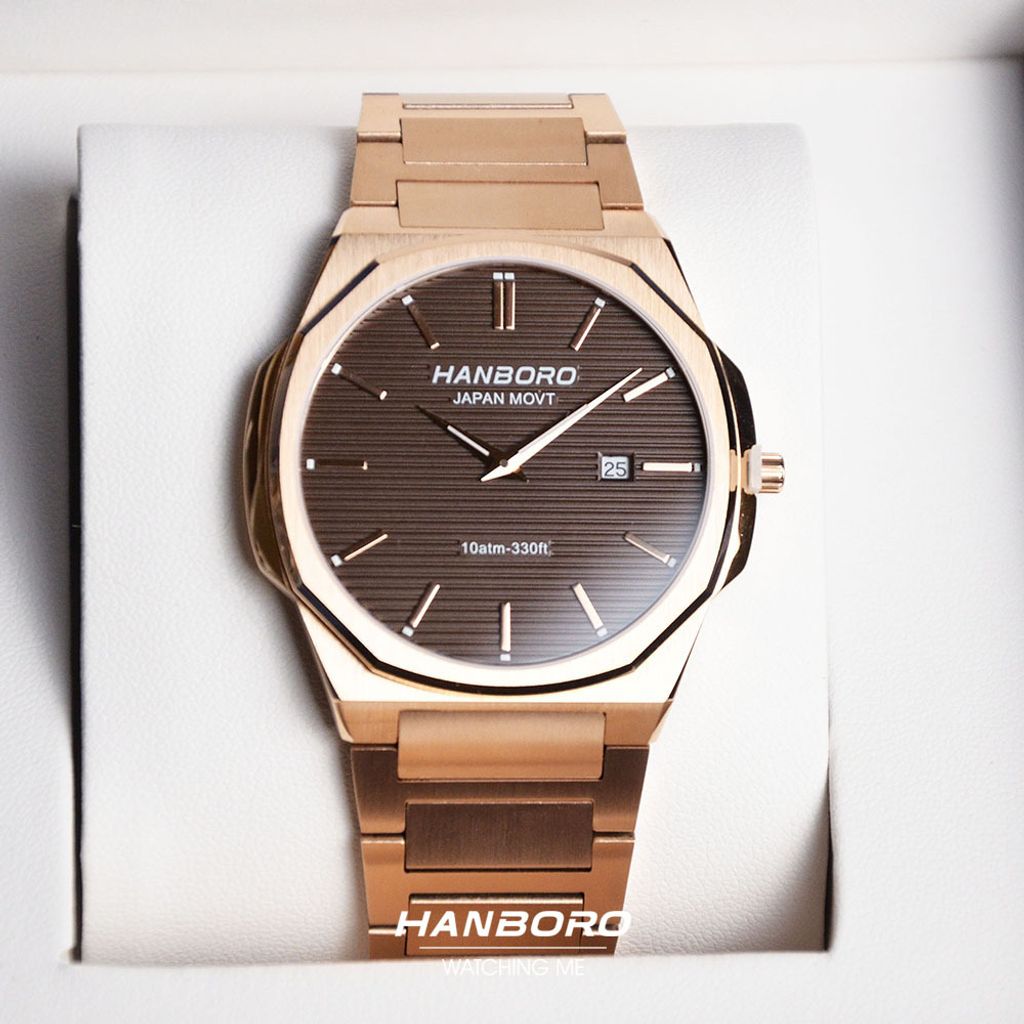 HANBORO | 超薄錶殼系列 003-2RBRRS | 玫瑰金八角形錶框 咖啡色橫紋錶盤 不鏽鋼錶帶 實體正面展示