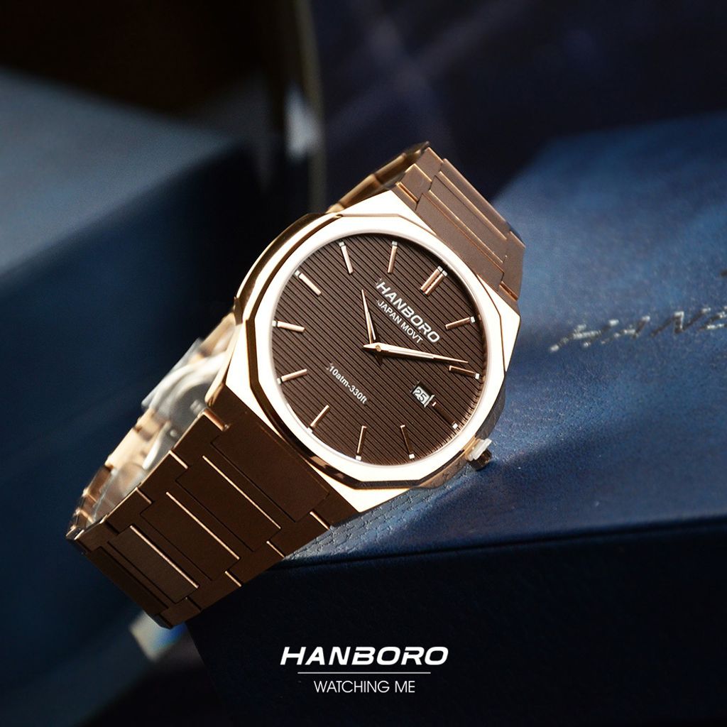HANBORO | 超薄錶殼系列 003-2RBRRS | 玫瑰金八角形錶框 咖啡色橫紋錶盤 不鏽鋼錶帶 實體參考
