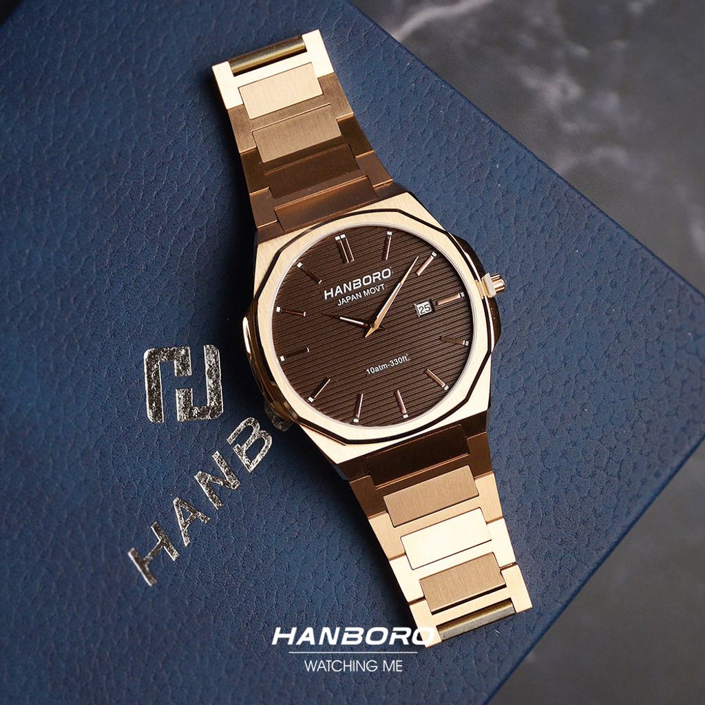 HANBORO | 超薄錶殼系列 003-2RBRRS | 玫瑰金八角形錶框 咖啡色橫紋錶盤 不鏽鋼錶帶 平攤展示