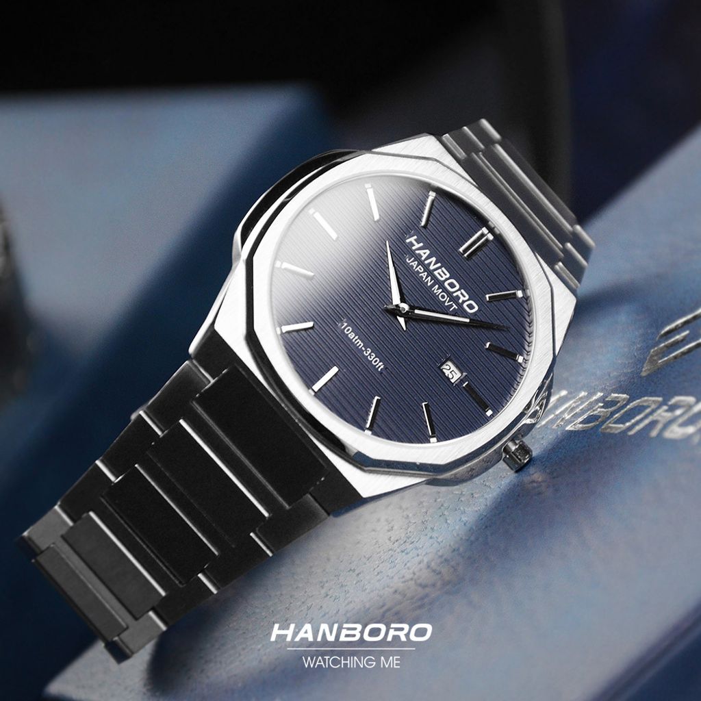 HANBORO | 超薄錶殼系列 003-2SNSS | 銀色八角形錶框 藍色橫紋錶盤 不鏽鋼錶帶 實體參考