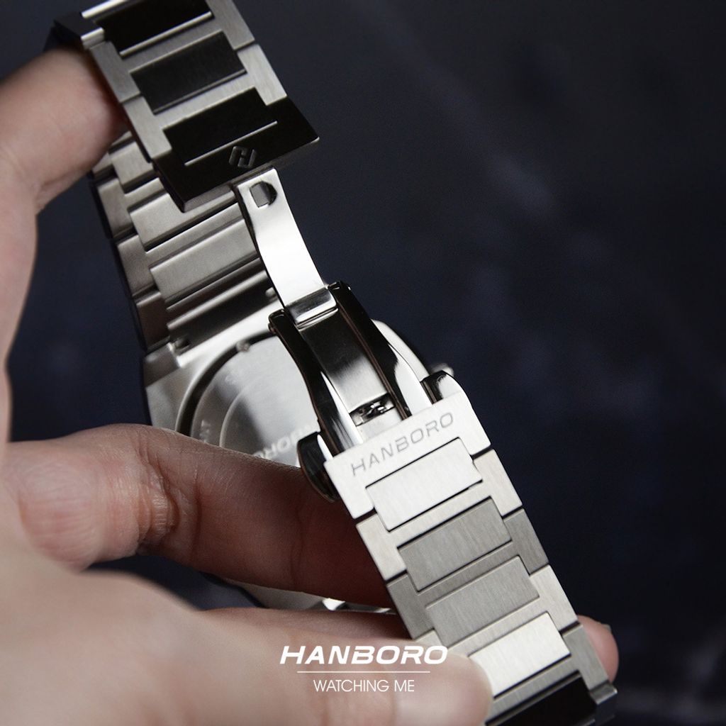 HANBORO | 超薄錶殼系列 003-2SNSS | 銀色八角形錶框 藍色橫紋錶盤 不鏽鋼錶帶 錶帶細節