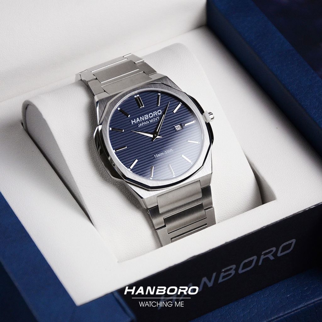 HANBORO | 超薄錶殼系列 003-2SNSS | 銀色八角形錶框 藍色橫紋錶盤 不鏽鋼錶帶 實體正面展示