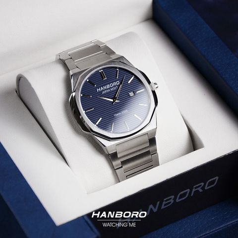 HANBORO | 超薄錶殼系列 003-2SNSS | 銀色八角形錶框 藍色橫紋錶盤 不鏽鋼錶帶 實體正面展示