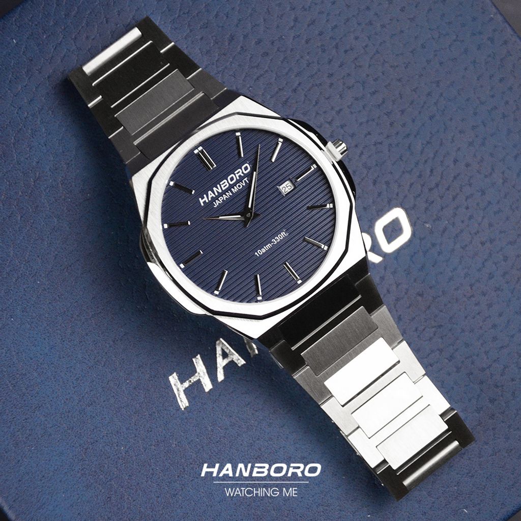 HANBORO | 超薄錶殼系列 003-2SNSS | 銀色八角形錶框 藍色橫紋錶盤 不鏽鋼錶帶 平攤展示