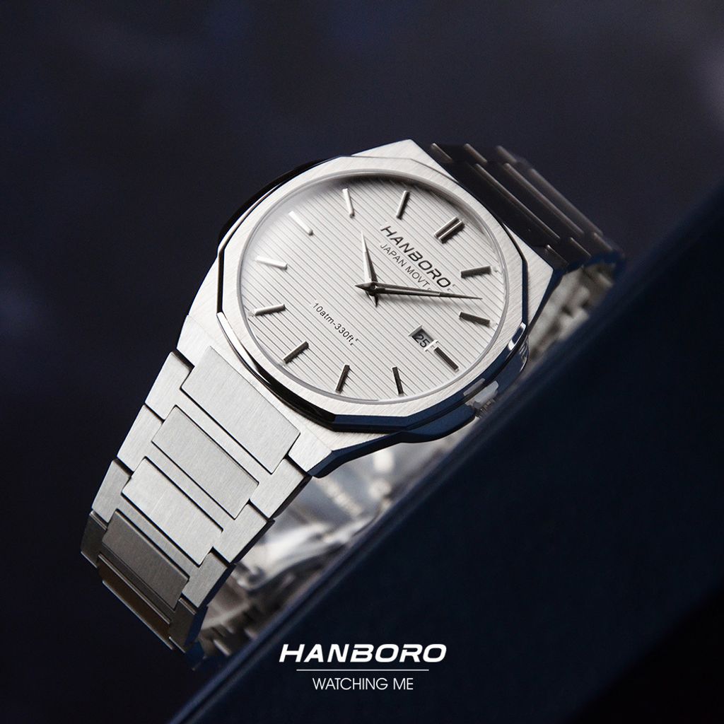 HANBORO | 超薄錶殼系列 003-2SWSS | 銀色八角形錶框 白色橫紋錶盤 不鏽鋼錶帶 實體參考