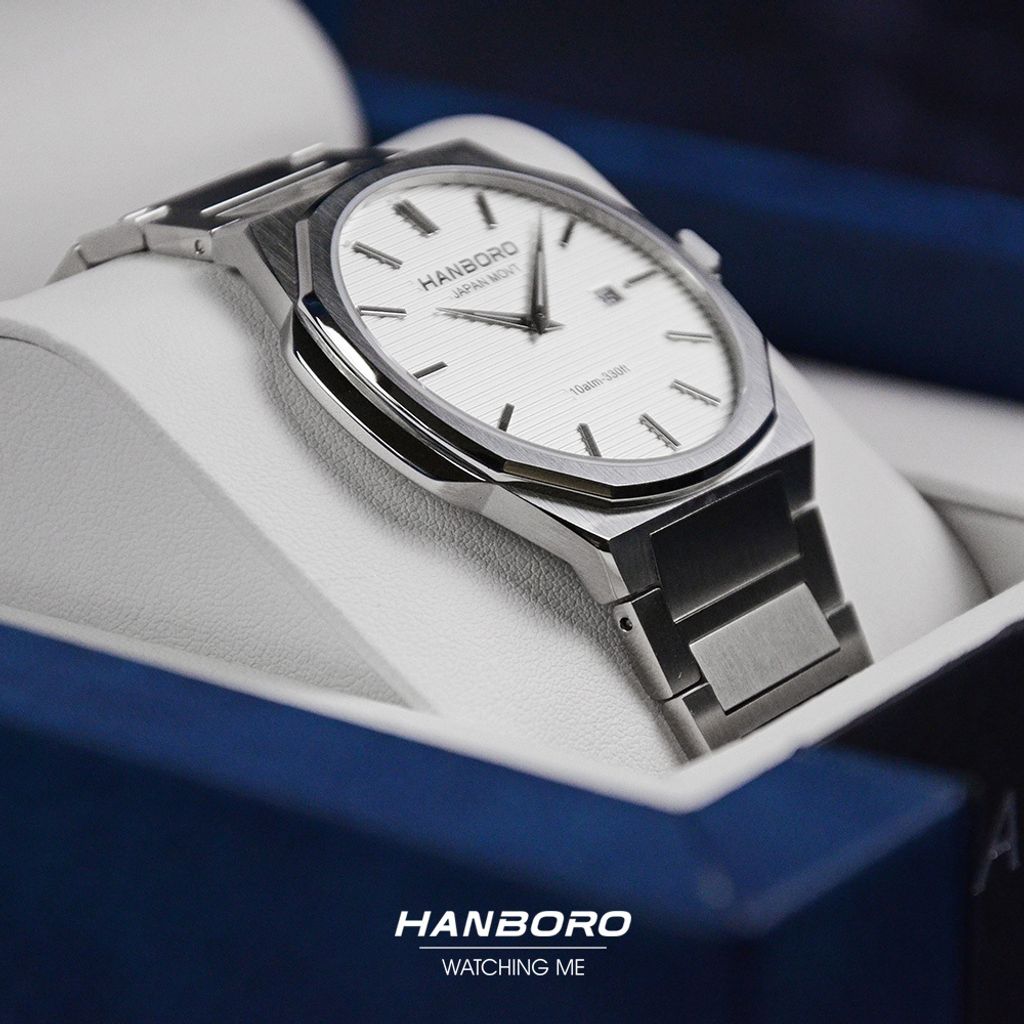 HANBORO | 超薄錶殼系列 003-2SWSS | 銀色八角形錶框 白色橫紋錶盤 不鏽鋼錶帶 實體左側展示