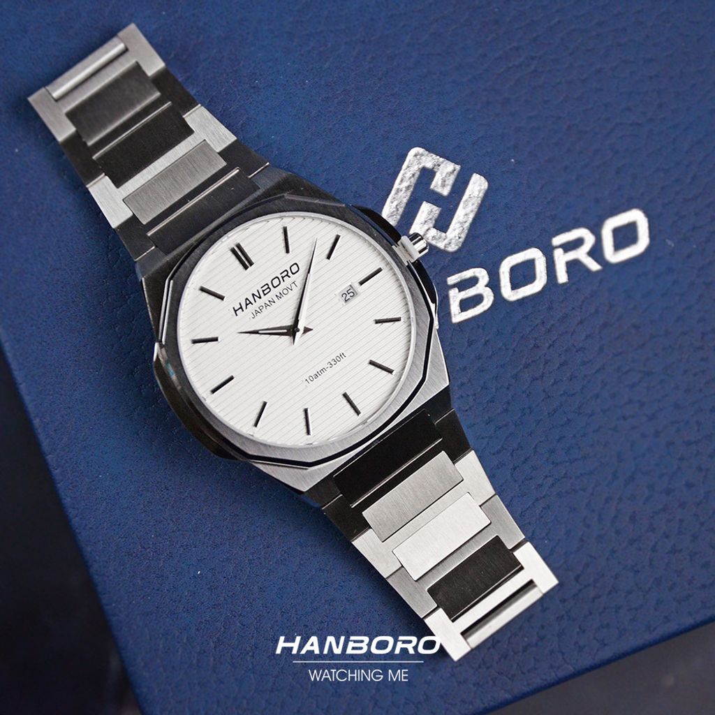 HANBORO | 超薄錶殼系列 003-2SWSS | 銀色八角形錶框 白色橫紋錶盤 不鏽鋼錶帶 平攤展示