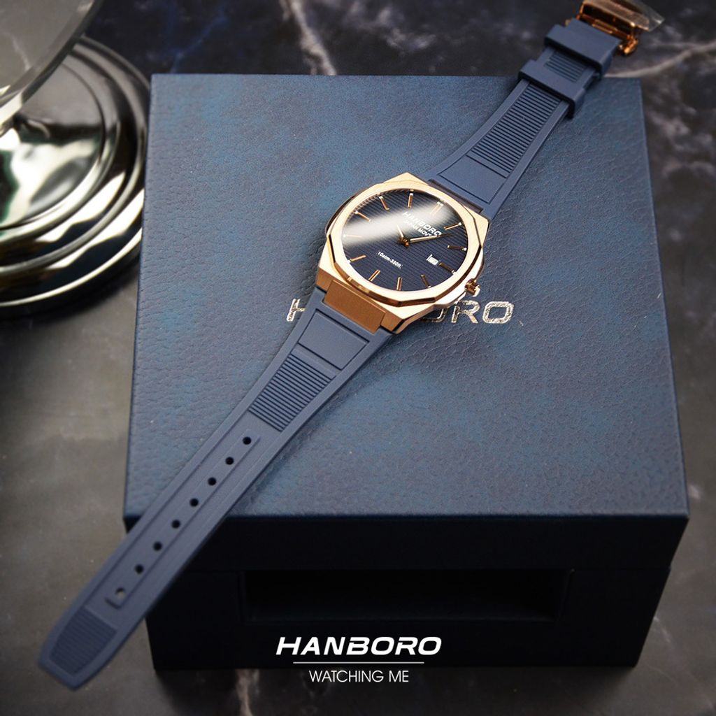 HANBORO | 超薄錶殼系列 003-1RNNR | 玫瑰金色八角形錶框 藍色橫紋錶盤 矽膠錶帶 平攤展示