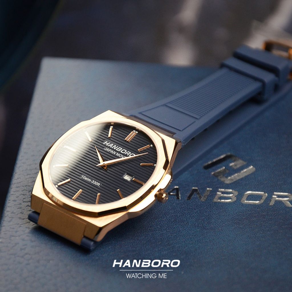HANBORO | 超薄錶殼系列 003-1RNNR | 玫瑰金色八角形錶框 藍色橫紋錶盤 矽膠錶帶 實體參考