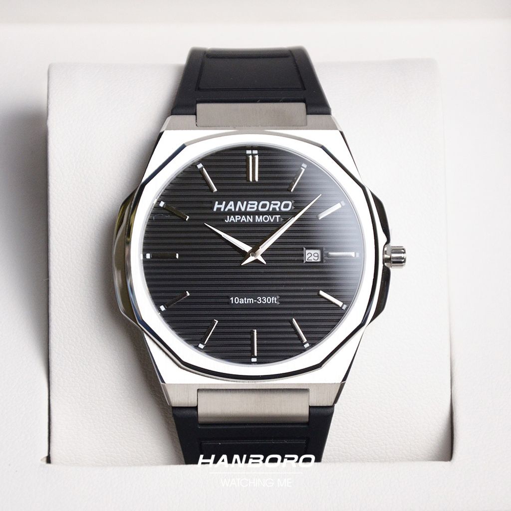 HANBORO | 超薄錶殼系列 003-1WBBR | 銀色八角形錶框 黑色橫紋錶盤 矽膠錶帶 錶面細節