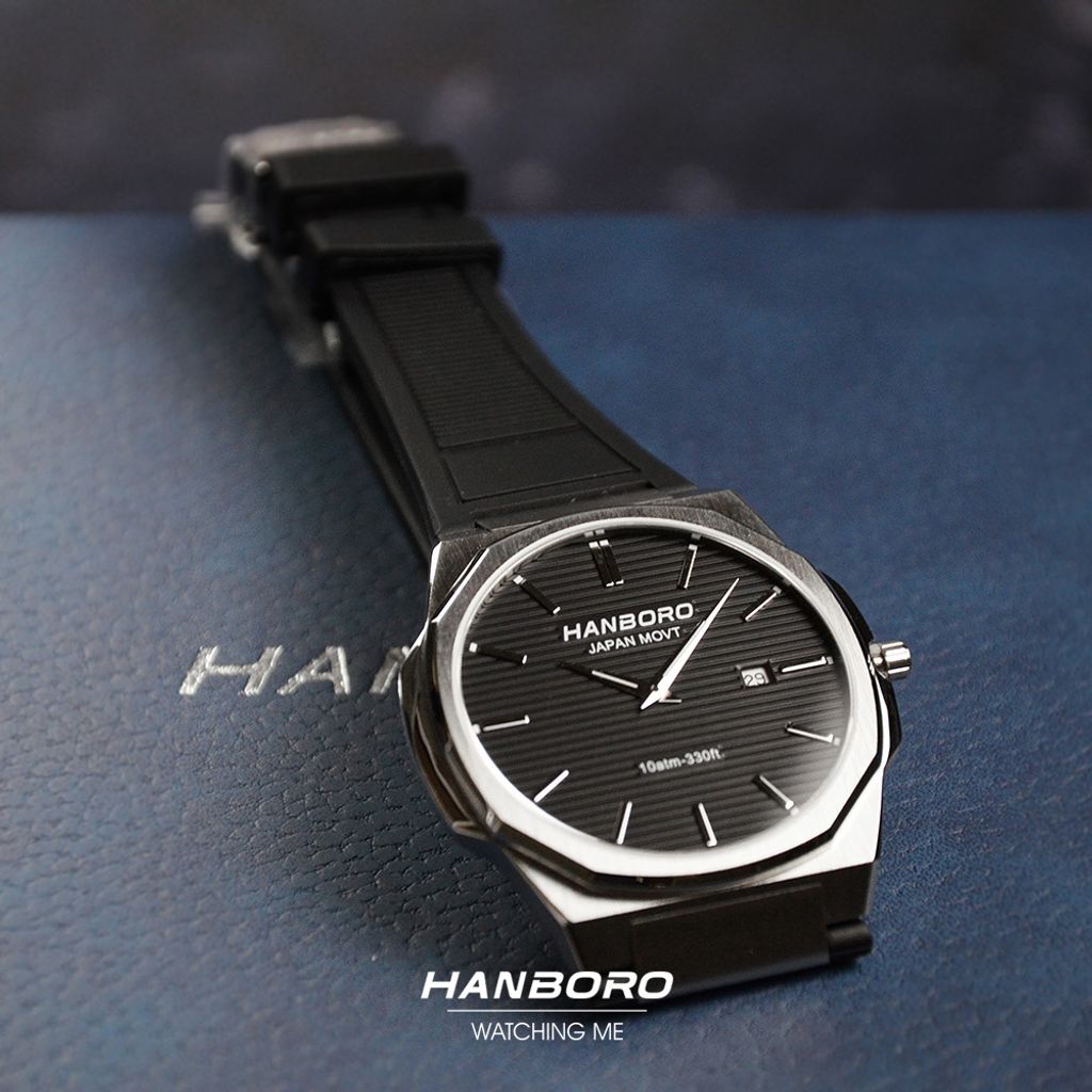 HANBORO | 超薄錶殼系列 003-1WBBR | 銀色八角形錶框 黑色橫紋錶盤 矽膠錶帶 實體參考