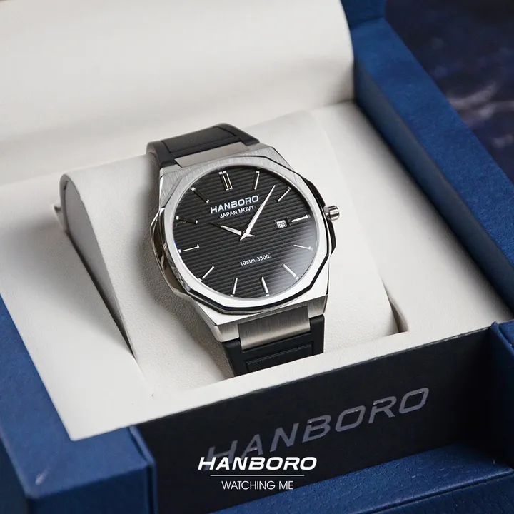 HANBORO | 超薄錶殼系列 003-1WBBR | 銀色八角形錶框 黑色橫紋錶盤 矽膠錶帶 正面展示