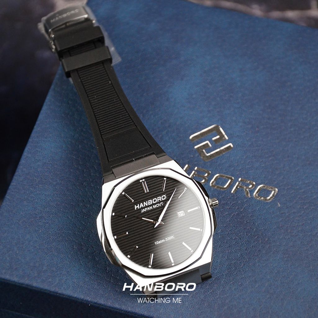 HANBORO | 超薄錶殼系列 003-1WBBR | 銀色八角形錶框 黑色橫紋錶盤 矽膠錶帶 實體參考