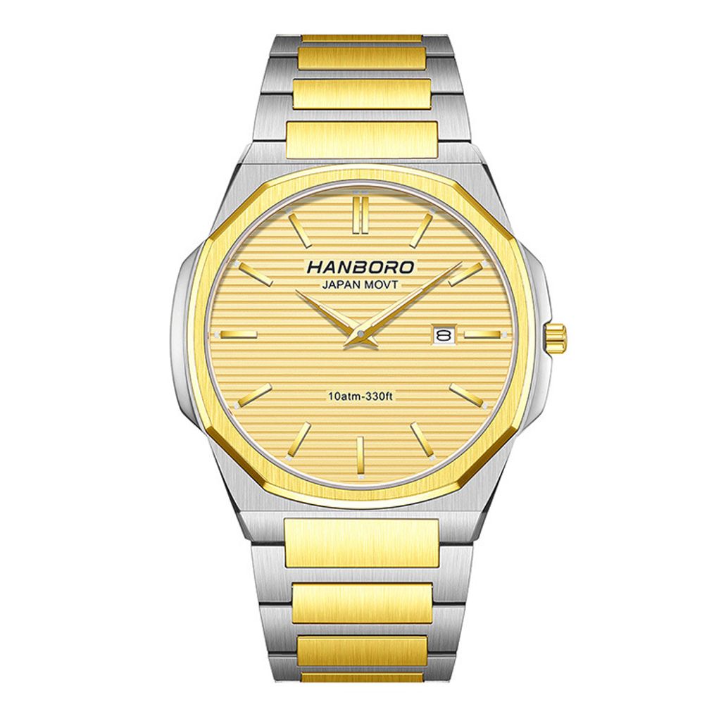 HANBORO | 超薄錶殼系列 003-2HGGHGS | 金八角形錶框 金色橫紋錶盤 金銀相間不鏽鋼錶帶 正面