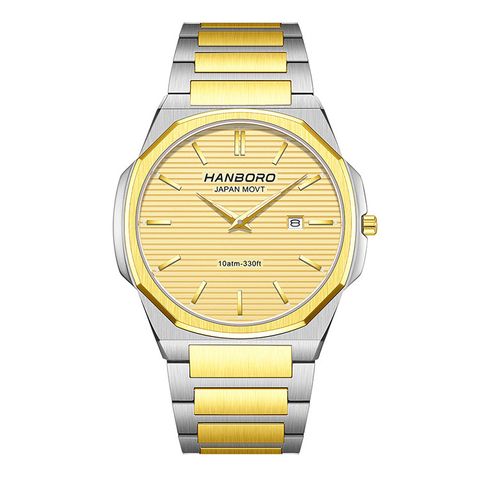HANBORO | 超薄錶殼系列 003-2HGGHGS | 金八角形錶框 金色橫紋錶盤 金銀相間不鏽鋼錶帶 正面