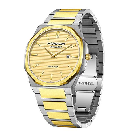 HANBORO | 超薄錶殼系列 003-2HGGHGS | 金八角形錶框 金色橫紋錶盤 金銀相間不鏽鋼錶帶 側面