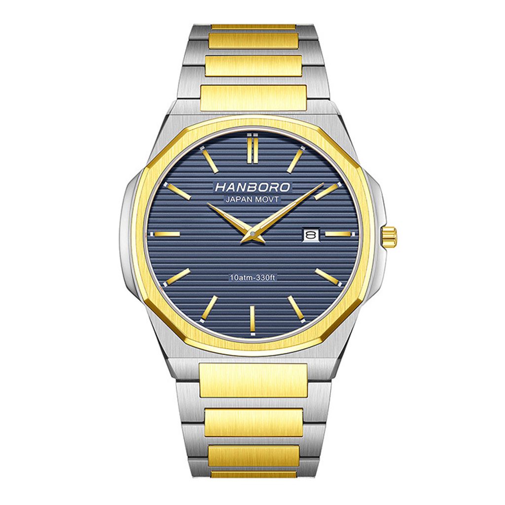 HANBORO | 超薄錶殼系列 003-2HGNHGS | 金八角形錶框 藍色橫紋錶盤 金銀相間不鏽鋼錶帶 正面
