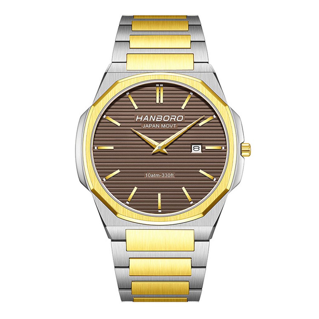 HANBORO | 超薄錶殼系列 003-2HGBRHGS | 金八角形錶框 棕色橫紋錶盤 金銀相間不鏽鋼錶帶 正面