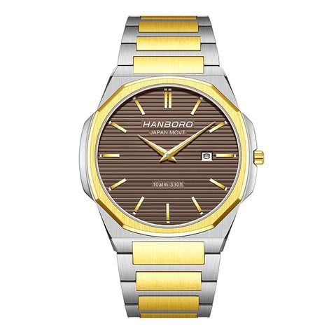 HANBORO | 超薄錶殼系列 003-2HGBRHGS | 金八角形錶框 棕色橫紋錶盤 金銀相間不鏽鋼錶帶 正面