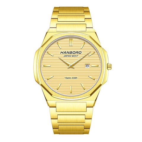 HANBORO | 超薄錶殼系列 003-2GGGS | 金八角形錶框 橫紋錶盤 不鏽鋼錶帶 正面