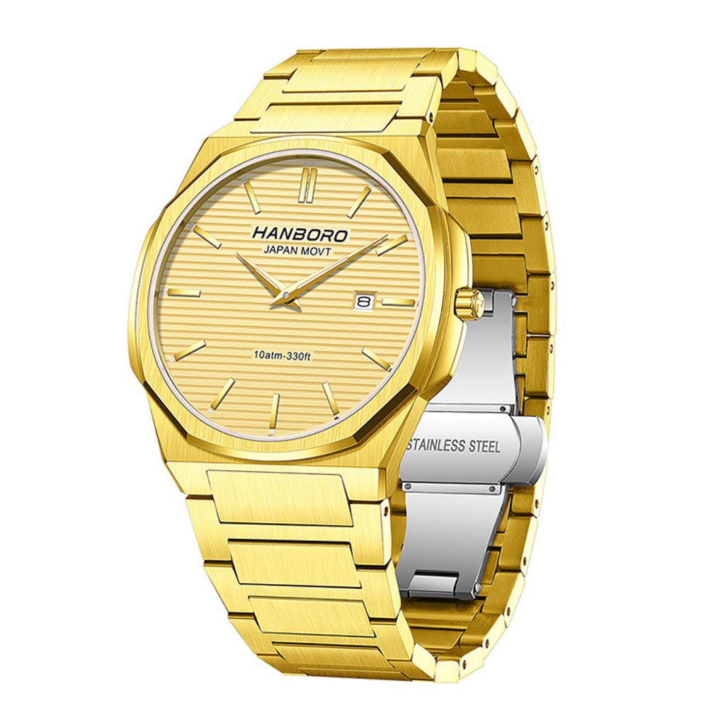 HANBORO | 超薄錶殼系列 003-2GGGS | 金八角形錶框 橫紋錶盤 不鏽鋼錶帶 側面