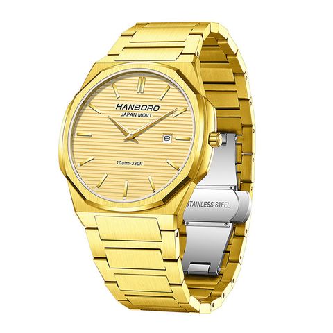 HANBORO | 超薄錶殼系列 003-2GGGS | 金八角形錶框 橫紋錶盤 不鏽鋼錶帶 側面