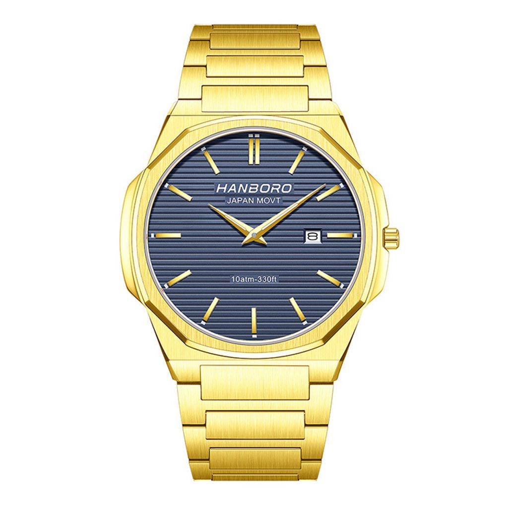 HANBORO | 超薄錶殼系列 003-2GNGS | 金八角形錶框 藍色橫紋錶盤 不鏽鋼錶帶 正面
