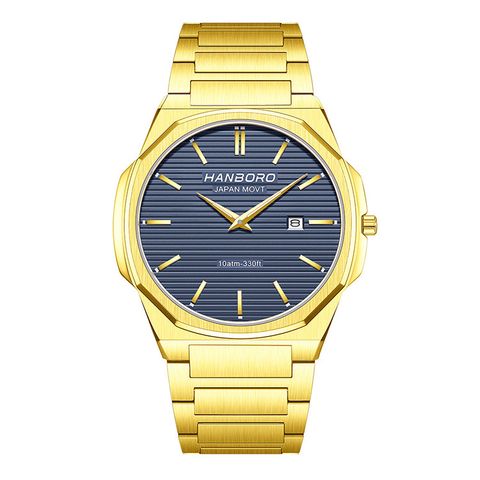 HANBORO | 超薄錶殼系列 003-2GNGS | 金八角形錶框 藍色橫紋錶盤 不鏽鋼錶帶 正面