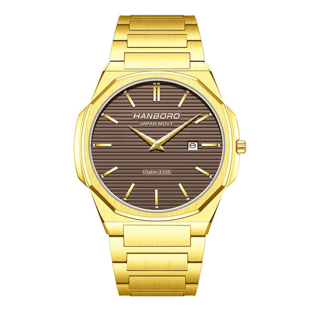 HANBORO | 超薄錶殼系列 003-2GBRGS | 金八角形錶框 棕色橫紋錶盤 不鏽鋼錶帶 正面