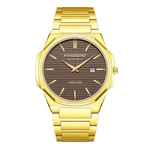HANBORO | 超薄錶殼系列 003-2GBRGS | 金八角形錶框 棕色橫紋錶盤 不鏽鋼錶帶 正面
