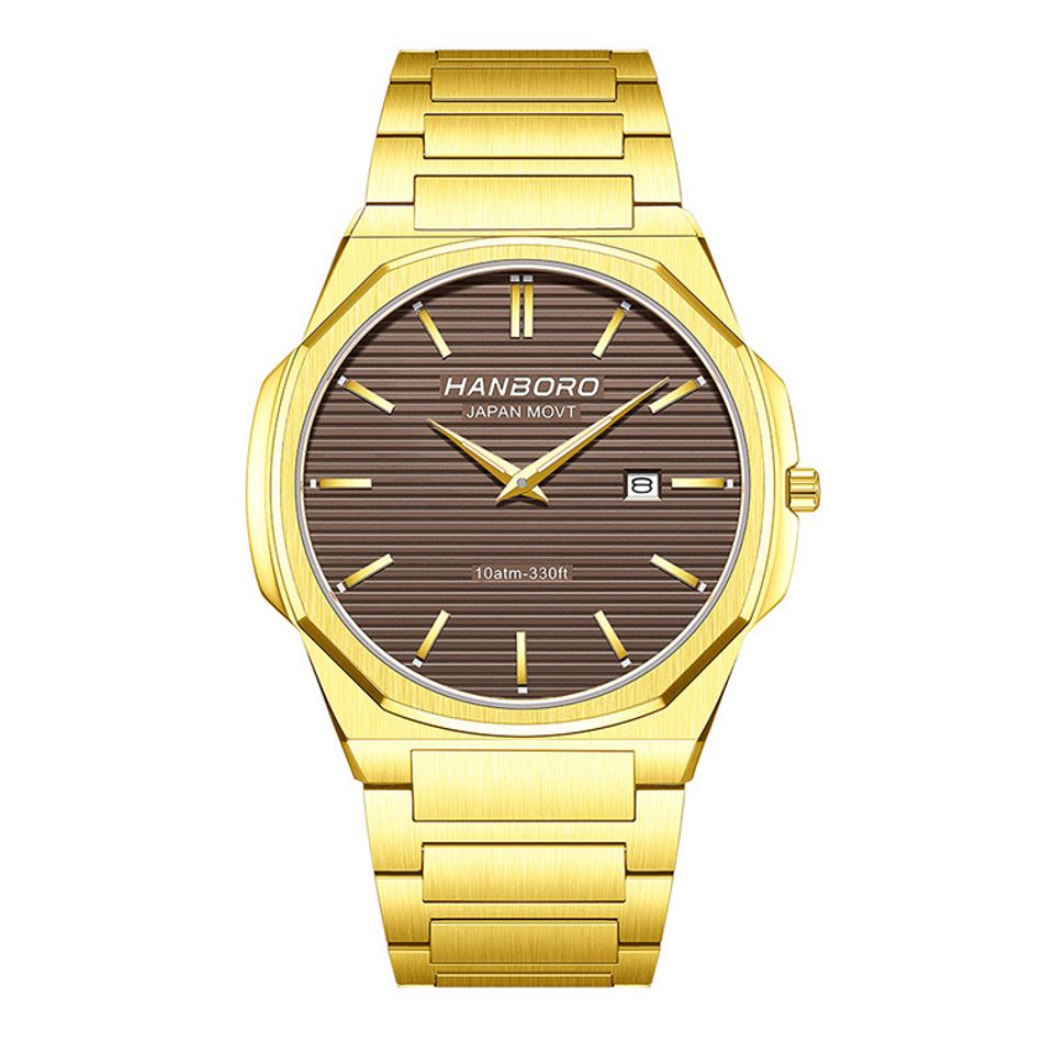 HANBORO | 超薄錶殼系列 003-2GBRGS | 金八角形錶框 棕色橫紋錶盤 不鏽鋼錶帶 正面