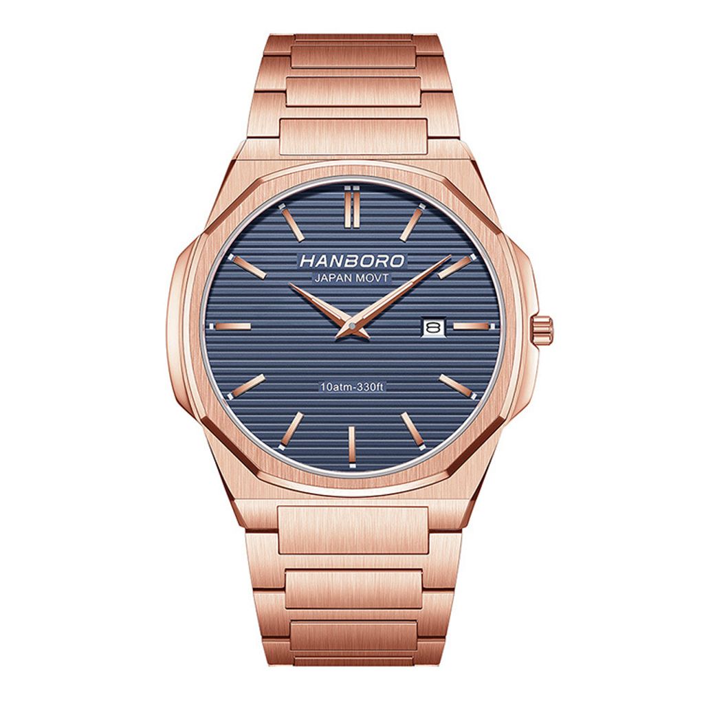HANBORO | 超薄錶殼系列 003-2RNRS | 玫瑰金八角形錶框 藍色橫紋錶盤 不鏽鋼錶帶 正面