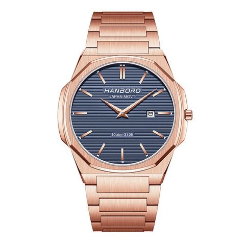 HANBORO | 超薄錶殼系列 003-2RNRS | 玫瑰金八角形錶框 藍色橫紋錶盤 不鏽鋼錶帶 正面