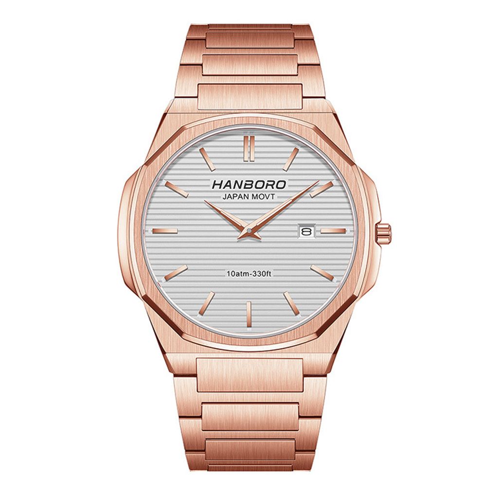 HANBORO | 超薄錶殼系列 003-2RWRS | 玫瑰金八角形錶框 銀白色橫紋錶盤 不鏽鋼錶帶 正面